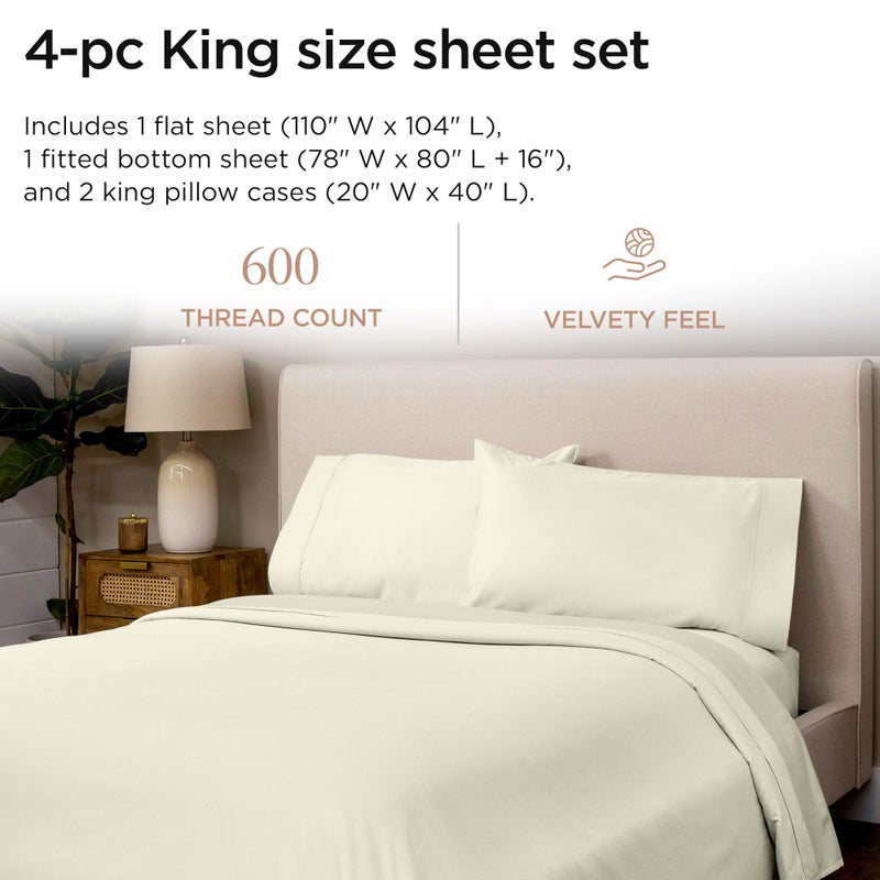 Threadmill 100% Cotton Sheets for King Size Bed - 600 Thread Count King Bed Sheets Set with 16â€ Deep Pocket - Sateen Weave 4-Piece Bedding Set with Cooling Effect, Ivory - Image 2